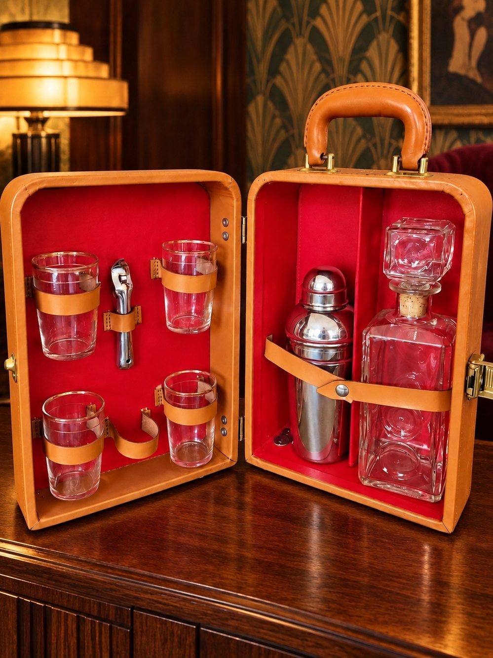 Vintage 1940s Tan Travel Bar Case with Accesories
